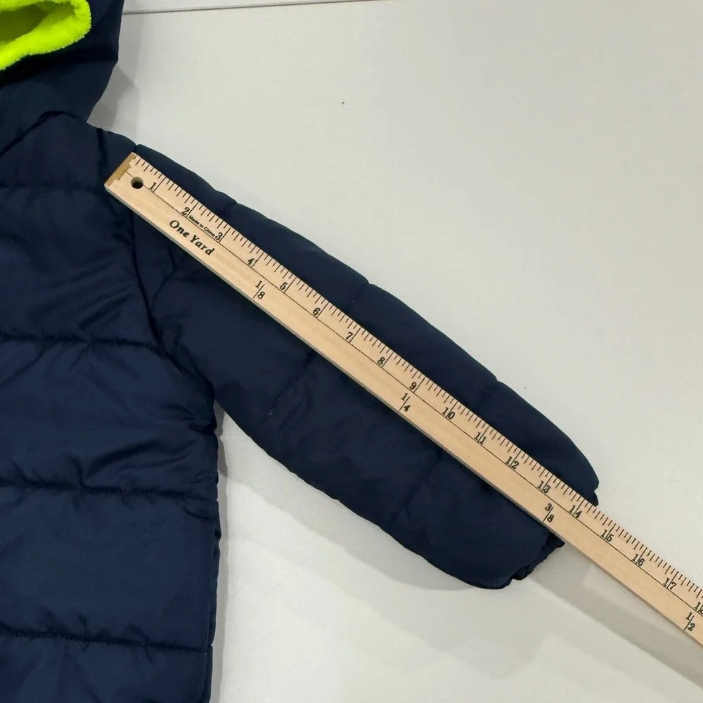 London Fog Kids Navy Blue Yellow Fleece Lined Puffer Jacket Hooded Size S/4
